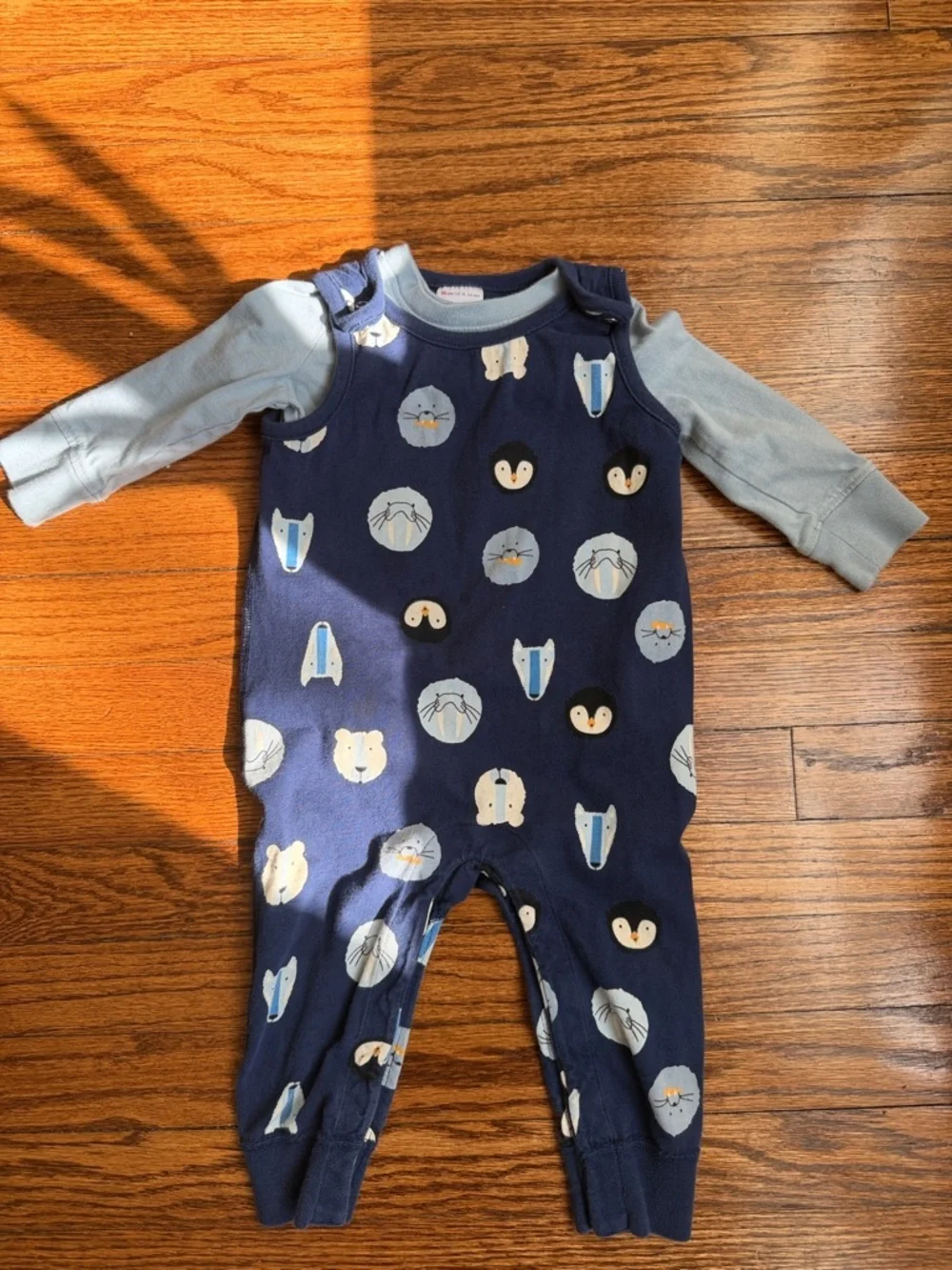 Hanna Andersson Baby Navy Animal Print One-Piece Romper with Light Blue Sleeves